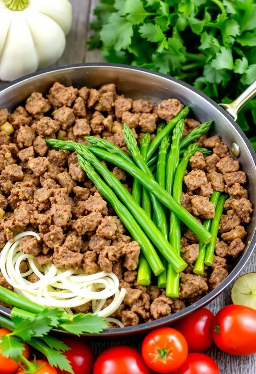 26 Easy Keto Ground Beef Recipes Family Friendly - 15. Ground Beef & Asparagus Skillet