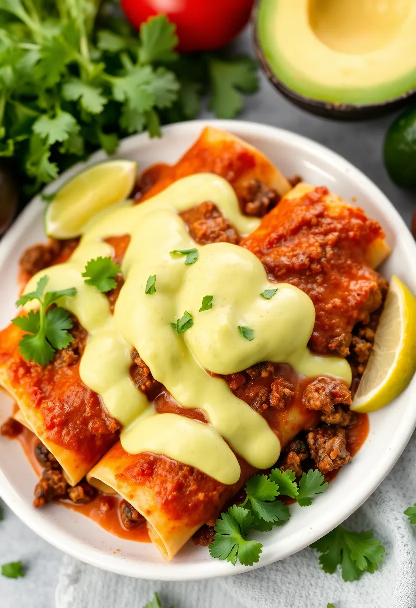 26 Easy Keto Ground Beef Recipes Family Friendly - 21. Beef Enchiladas with Avocado Cream