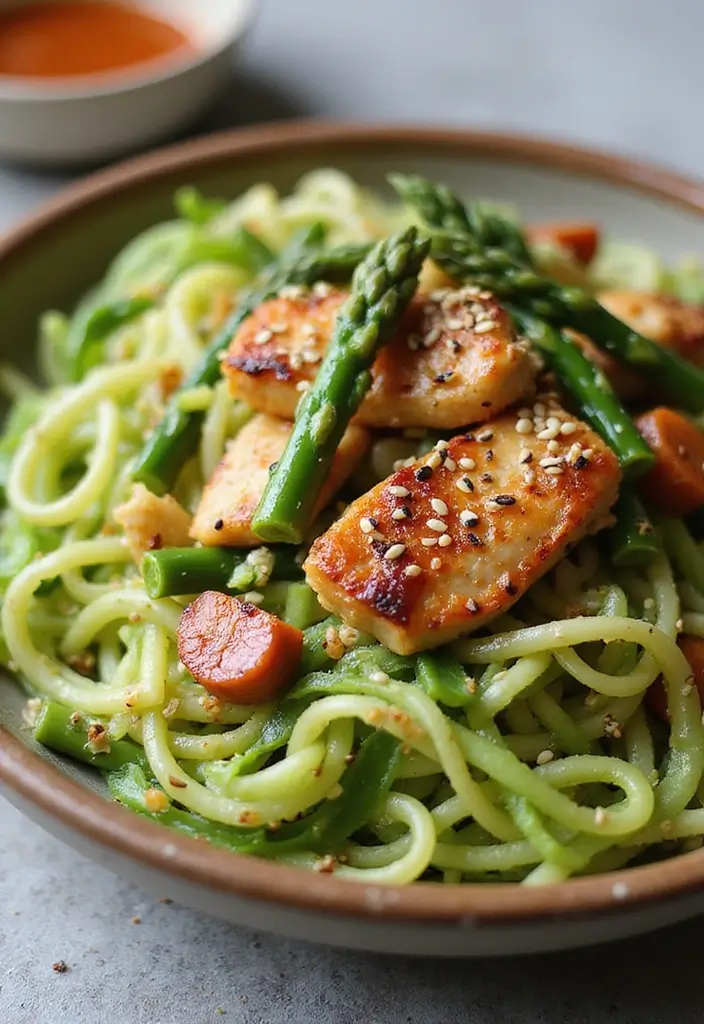 30 Keto Chicken and Asparagus Recipes Light and Healthy - 18. Chicken and Asparagus Zoodle Bowl