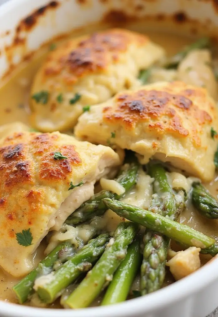 30 Keto Chicken and Asparagus Recipes Light and Healthy - 3. Creamy Garlic Chicken and Asparagus Bake